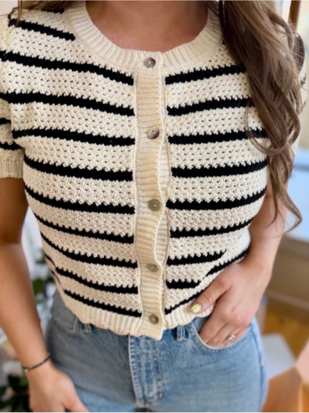Altar'd State Cream & Black Striped Short-Sleeve Knit Cardigan